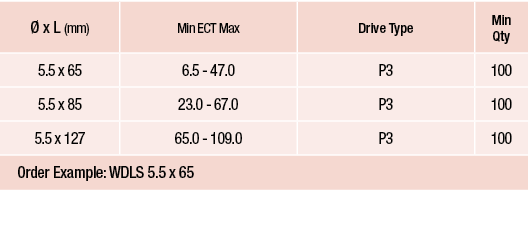   x L (mm),Min ECT Max,Drive Type,Min Qty,5 5 x 65,6 5 - 47 0,P3,100,5 5 x 85,23 0 - 67 0,P3,100,5 5 x 127,65 0 - 109   