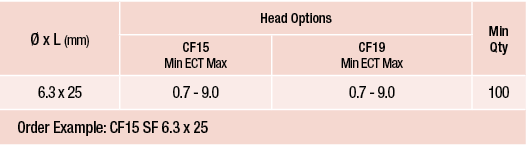   x L (mm),Head Options,Min Qty,CF15 Min ECT Max,CF19 Min ECT Max,6 3 x 25,0 7 - 9 0,0 7 - 9 0,100,Order Example:   C   