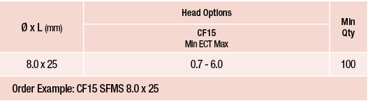   x L (mm),Head Options,Min Qty,CF15 Min ECT Max,8 0 x 25,0 7 - 6 0,100,Order Example:    CF15 SFMS 8 0 x 25 