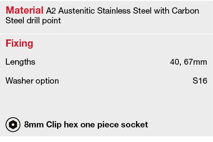 Material A2 Austenitic Stainless Steel with Carbon Steel drill point,Fixing,Lengths,40, 67mm,Washer option,S16,,, 8mm   