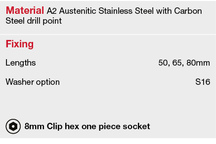 Material A2 Austenitic Stainless Steel with Carbon Steel drill point,Fixing,Lengths,50, 65, 80mm,Washer option,S16,,,   