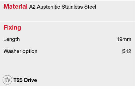 Material A2 Austenitic Stainless Steel,Fixing,Length,19mm,Washer option,S12,,, T25 Drive,