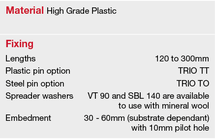 Material High Grade Plastic,Fixing,Lengths,120 to 300mm ,Plastic pin option,TRIO TT,Steel pin option,TRIO TO,Spreader   