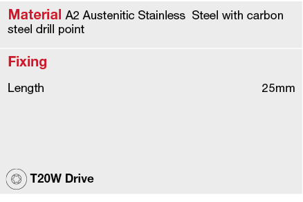 Material A2 Austenitic Stainless Steel with carbon steel drill point,Fixing,Length,25mm,,,,, T20W Drive,