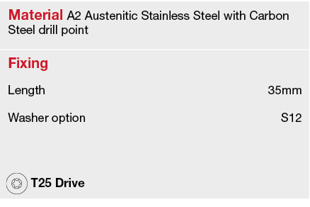 Material A2 Austenitic Stainless Steel with Carbon Steel drill point,Fixing,Length,35mm,Washer option,S12,,, T25 Drive,