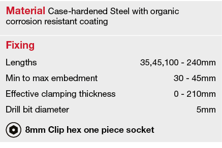 Material Case-hardened Steel with organic corrosion resistant coating,Fixing,Lengths,35,45,100 - 240mm,Min to max emb   