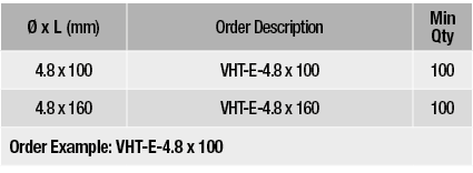   x L (mm),Order Description,Min Qty,4 8 x 100,VHT-E-4 8 x 100,100,4 8 x 160,VHT-E-4 8 x 160,100,Order Example:         