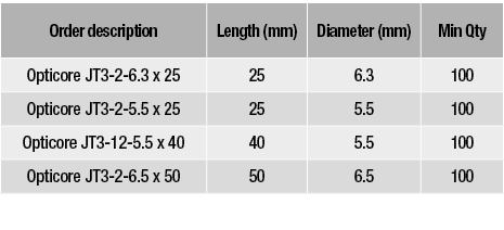 Order description,Length (mm),Diameter (mm),Min Qty,Opticore JT3-2-6 3 x 25,25,6 3,100,Opticore JT3-2-5 5 x 25,25,5 5   