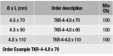   x L (mm),Order description,Min Qty,4 8 x 70,TKR-4-4 8 x 70,100,4 8 x 90,TKR-4-4 8 x 90,100,4 8 x 110,TKR-4-4 8 x 11   