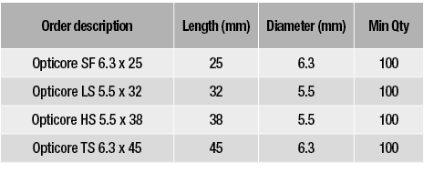 Order description,Length (mm),Diameter (mm),Min Qty,Opticore SF 6 3 x 25,25,6 3,100,Opticore LS 5 5 x 32,32,5 5,100,O   