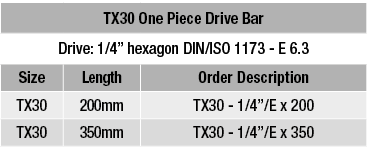 TX30 One Piece Drive Bar,Drive: 1 4  hexagon DIN ISO 1173 - E 6 3,Size,Length,Order Description,TX30,200mm,TX30 - 1 4   