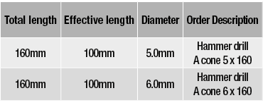 Total length,Effective length,Diameter,Order Description,160mm,100mm,5 0mm,Hammer drill A cone 5 x 160,160mm,100mm,6    