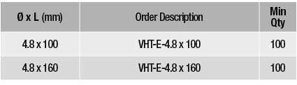   x L (mm),Order Description,Min Qty,4 8 x 100,VHT-E-4 8 x 100,100,4 8 x 160,VHT-E-4 8 x 160,100