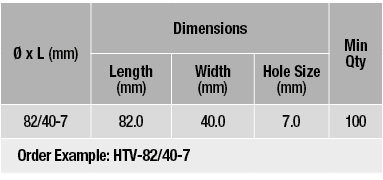   x L (mm),Dimensions,Min Qty,Length (mm),Width (mm),Hole Size (mm),82 40-7,82 0,40 0,7 0,100,Order Example:       HT   