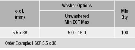   x L (mm),Washer Options,Min Qty,Unwashered Min ECT Max,5 5 x 38,5 0 - 15 0,100,Order Example:  HSCF 5 5 x 38