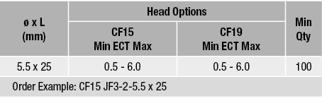   x L (mm),Head Options,Min Qty,CF15 Min ECT Max,CF19 Min ECT Max,5 5 x 25,0 5 - 6 0,0 5 - 6 0,100,Order Example: CF1   