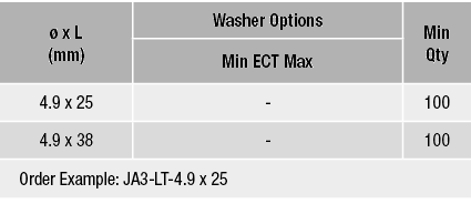   x L (mm),Washer Options,Min Qty,Min ECT Max,4 9 x 25,-,100,4 9 x 38,-,100,Order Example:     JA3-LT-4 9 x 25